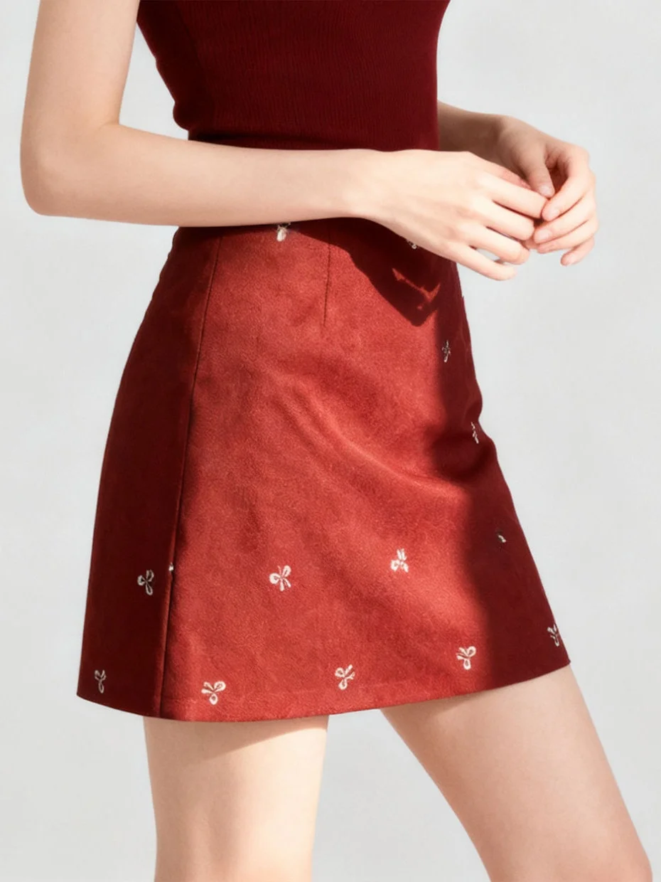 Red Embroidered New Year Checkered Woolen  Skirt High Waist A-Line Winter Short Skirt Women's Fashion City Commute Skirt