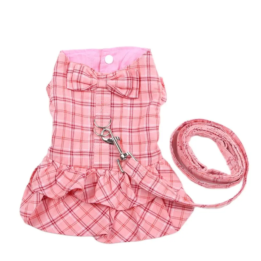 New Dog Cat Dress Shirt Plaid&Bow with Matching Dog Leash Pet Puppy Skirt  Spring/Summer clothes apparel 5 sizes