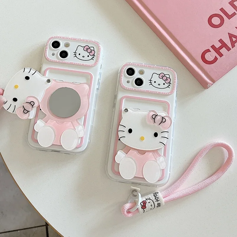 3D Cute Cartoon Sanrio Hello Kitty Phone Case For iPhone 15 14 13 12 11 Pro Max With Cosmetic Mirror Back Cover With Lanyard