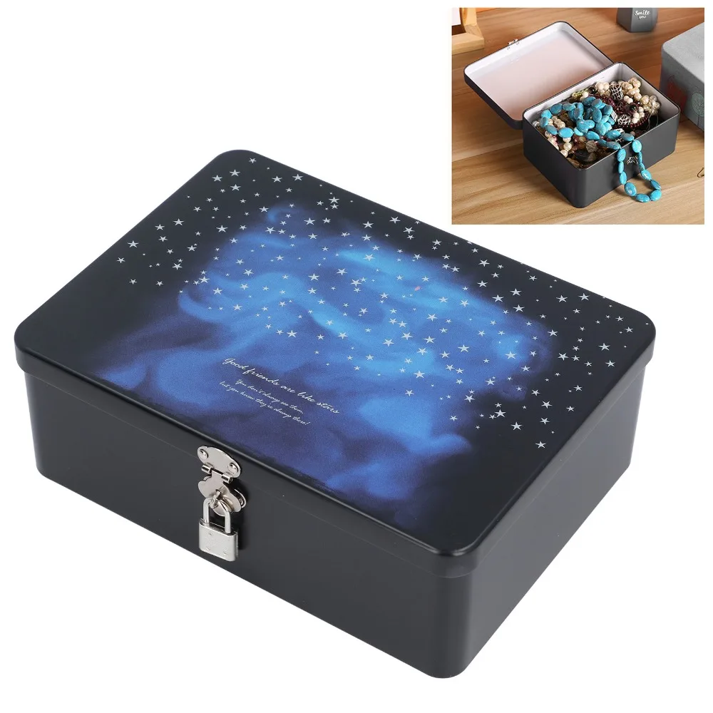 4pcs With Lid Tinplate Storage Box Padlock Starry Jewelry Box With Lock Compact Large Size Rectangular Tin Box For Necklaces