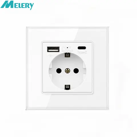 Melery EU Wall Power Socket USB TypeC White GS/PC Panel Electrical Germany Plug Outlet Mounted Square Schuko Home Office Kitchen