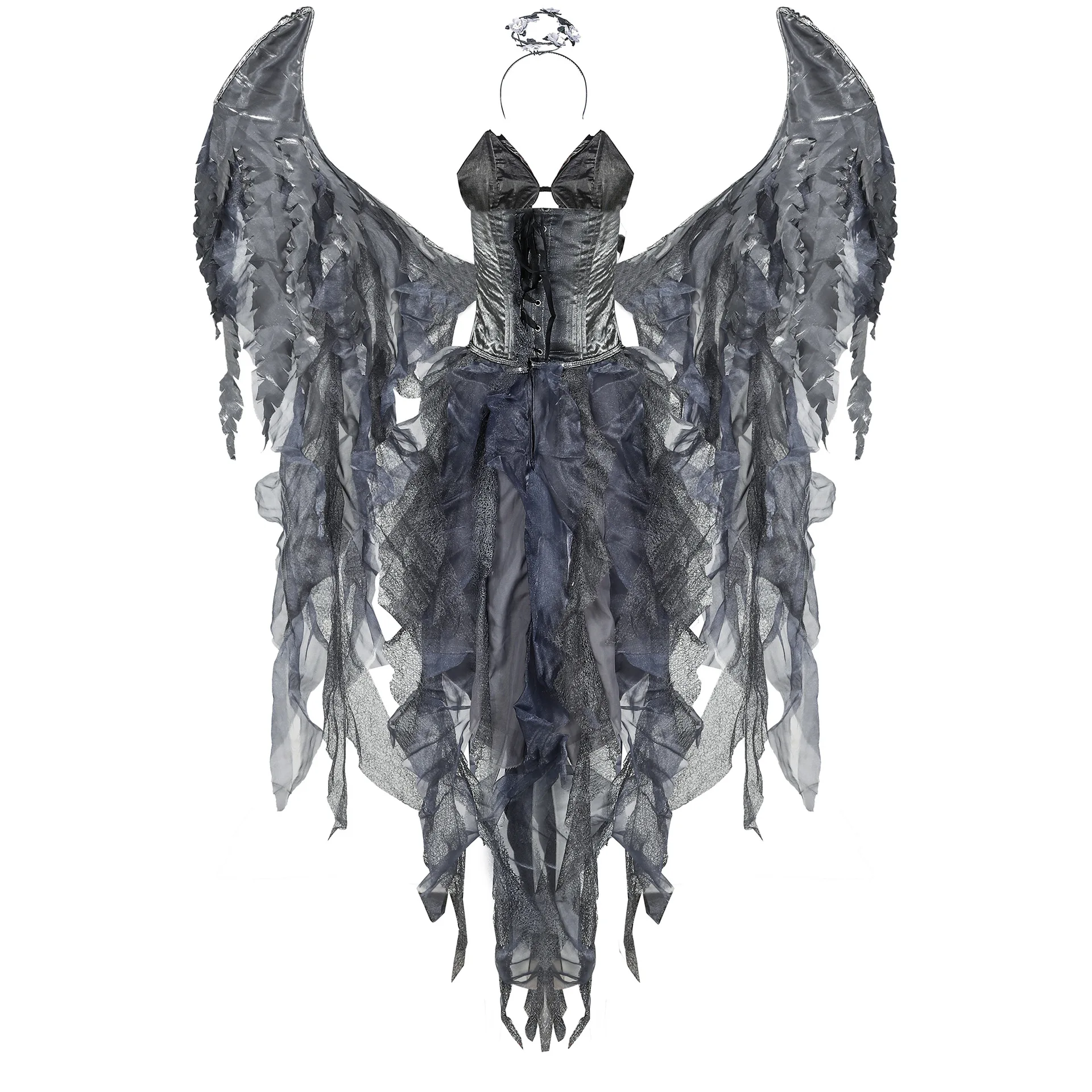 Easter Purim Halloween Dark Fallen Angel Costume Dress with Headband Wings Set Performance Costume Cosplay Props Women Adult