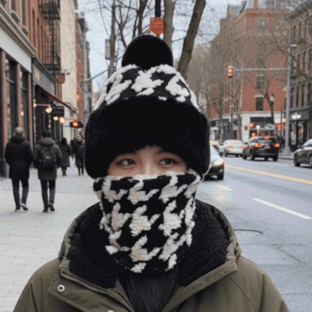 Máscara de esquí de felpa gruesa, bufanda, sombrero con patrón de pata de gallo, transpirable, 4 en 1, sombrero a prueba de viento, protección para los oídos, cubierta para el cuello, gorro para la cara