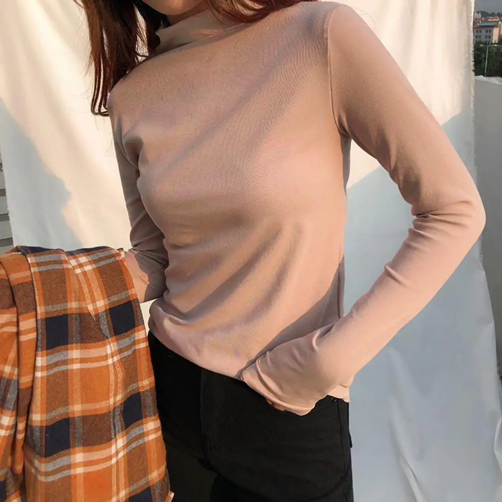 

Women Base T-shirt Solid Color Half High Collar Long Sleeves Pullover Keep Warm Basic Slim Fit Women Winter Top for Daily Wear