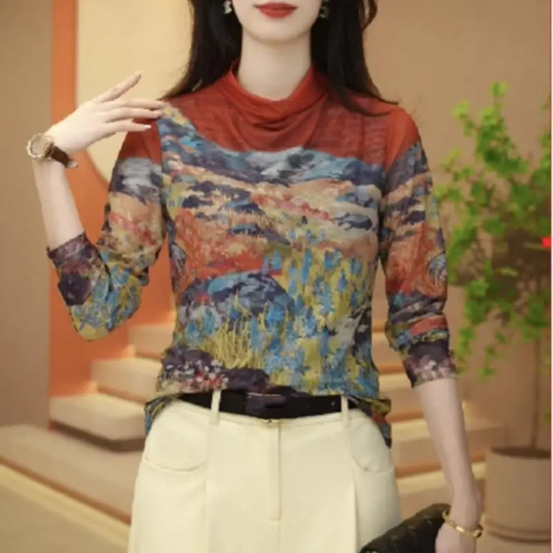 

Girl Mesh Base Layer Woman Fashion Leisure Long Sleeves Shirt Printed Versatile Spring Autumn Clothes Dopamine Girl's Gift New