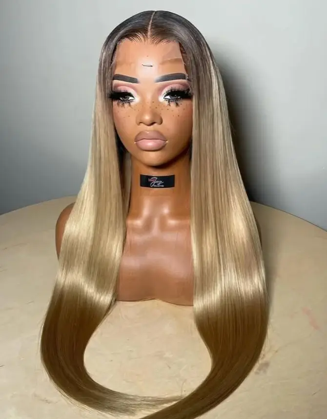 

Ombre Blonde Bone Straight Lace Front Wig 13x4 HD Transparent Lace Wig Synthetic Glueless PrePlucked Heat Resistant For Women