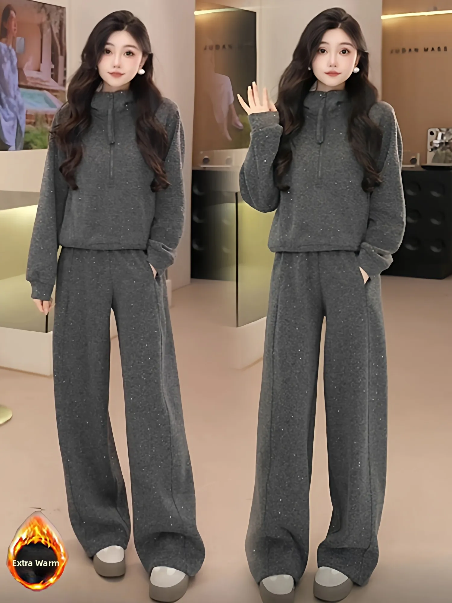 

Thickened Fleece Warmth Zipper High Collar Women's Casual Sportswear Set Autumn Winter New Style Simple Atmosphere Sweatshirt...