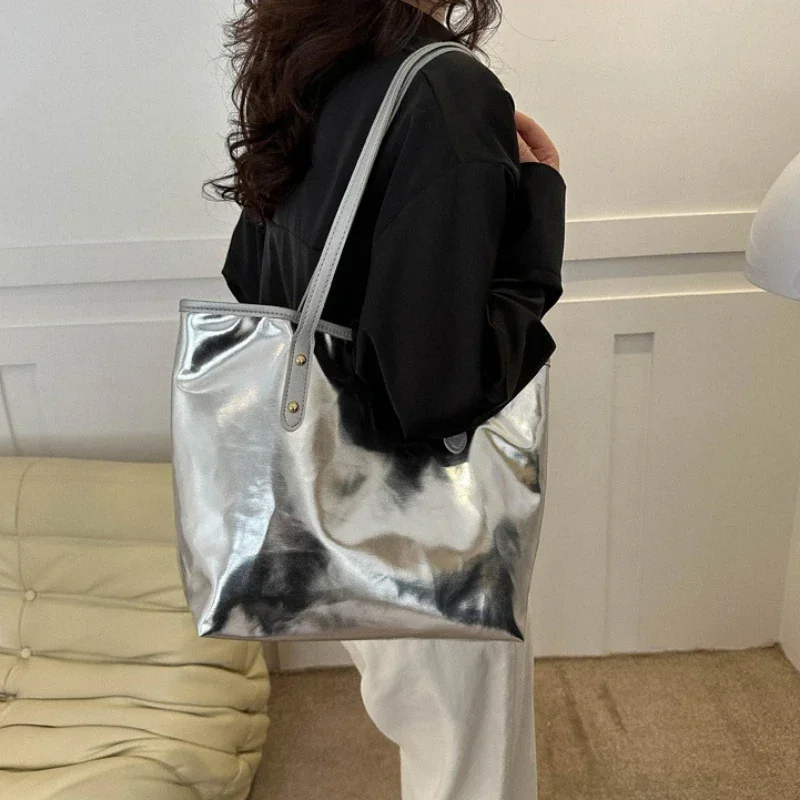 Fashion Large Capacity Tote Bags Handbag Gold Silver Nylon Soft Should Bag for Women Daily Supply Toiletry Storage Shopping Bag