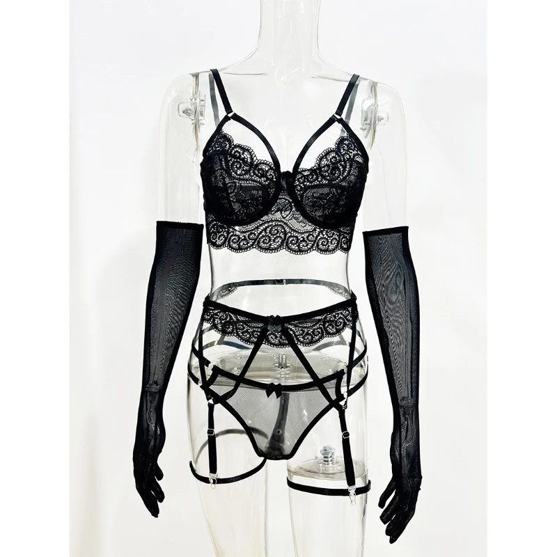 

Bikini lingerie lace bondage temptation three-piece set with leg rings, gloves, garter belt, and swimsuit