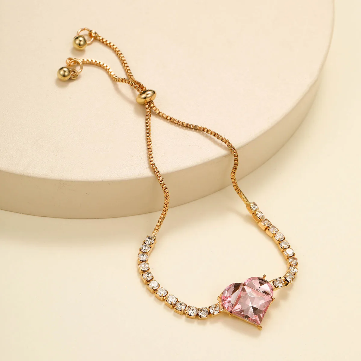 1Pcs Hot Selling Pink Heart-Shaped Zircon Drawstring Adjustable Alloy Bracelet for Women with Sweet and High-End Feel Bacelet