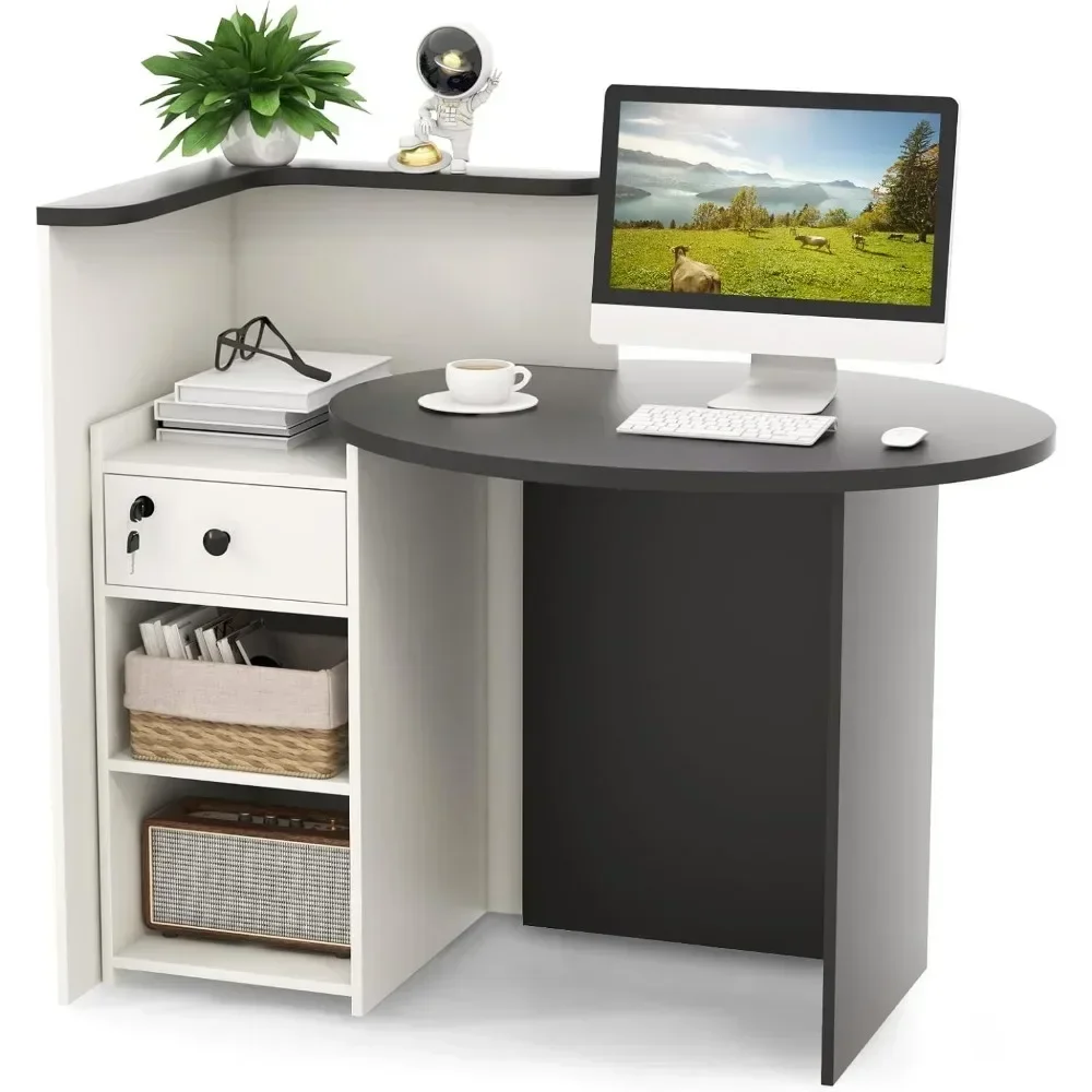 Reception Desk, Front Counter Desk with Lockable Drawer & Adjustable Shelf, Oval Desktop, Retail Counter for Checkout