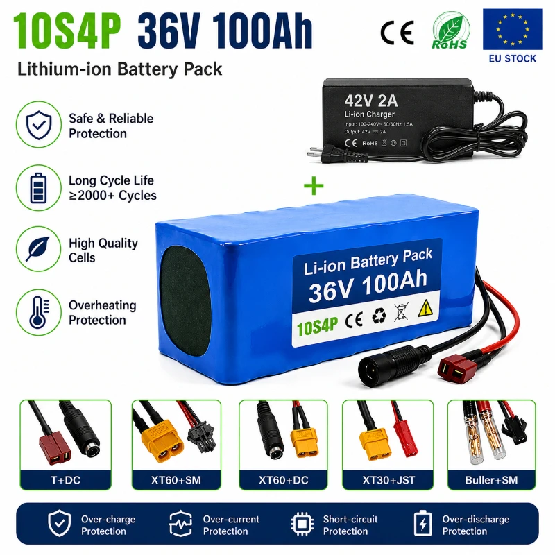 Akumulator litowy 10S4P 36V 100Ah 18650, akumulator do ponownego ładowania, wtyczka XT60 do hulajnogi elektrycznej, roweru elektrycznego, magazyn UE