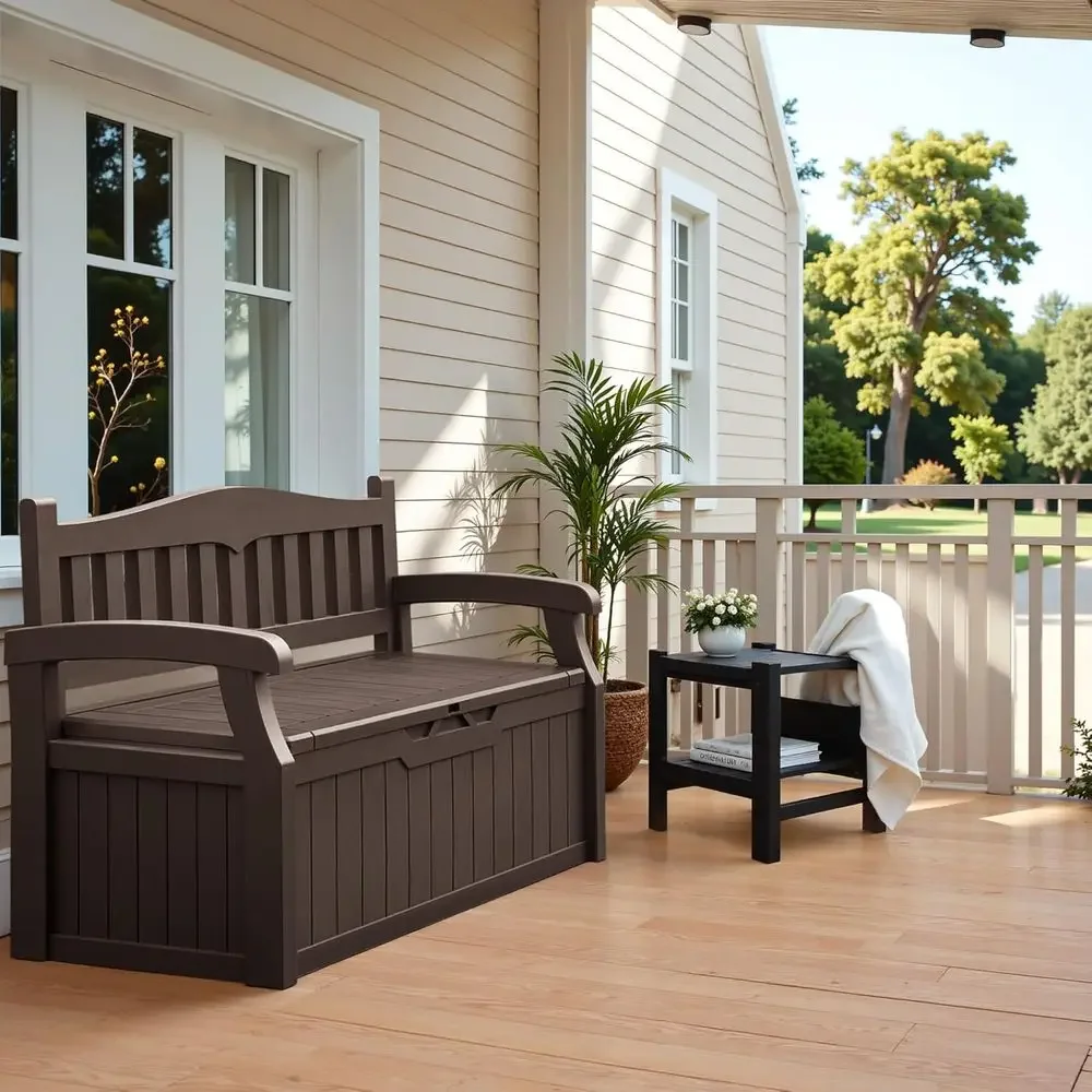 80 Gallon Weather-Resistant Storage Bench, Lockable Outdoor Seating with Hidden Storage for Patio, Garden, and Poolside (Brown)