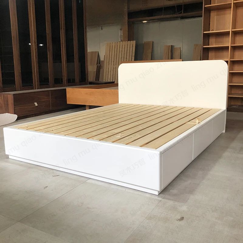 Tatami bed, simple master bedroom, white wax wooden box bed, small unit drawer, air pressure bed