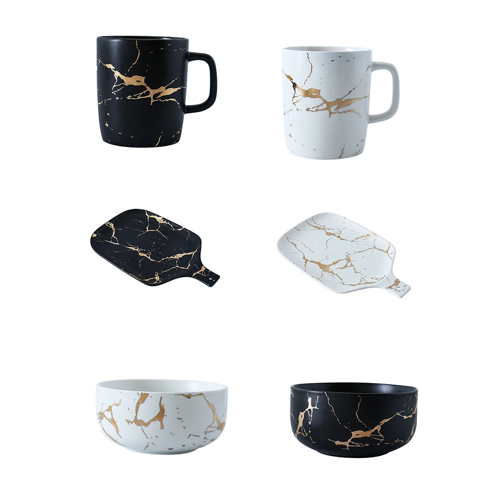 Best Gold Marble Glazes Ceramic Party Tableware Set Porcelain Breakfast Plates Dishes Noodle Bowl Coffee Mug Cup For Decoration