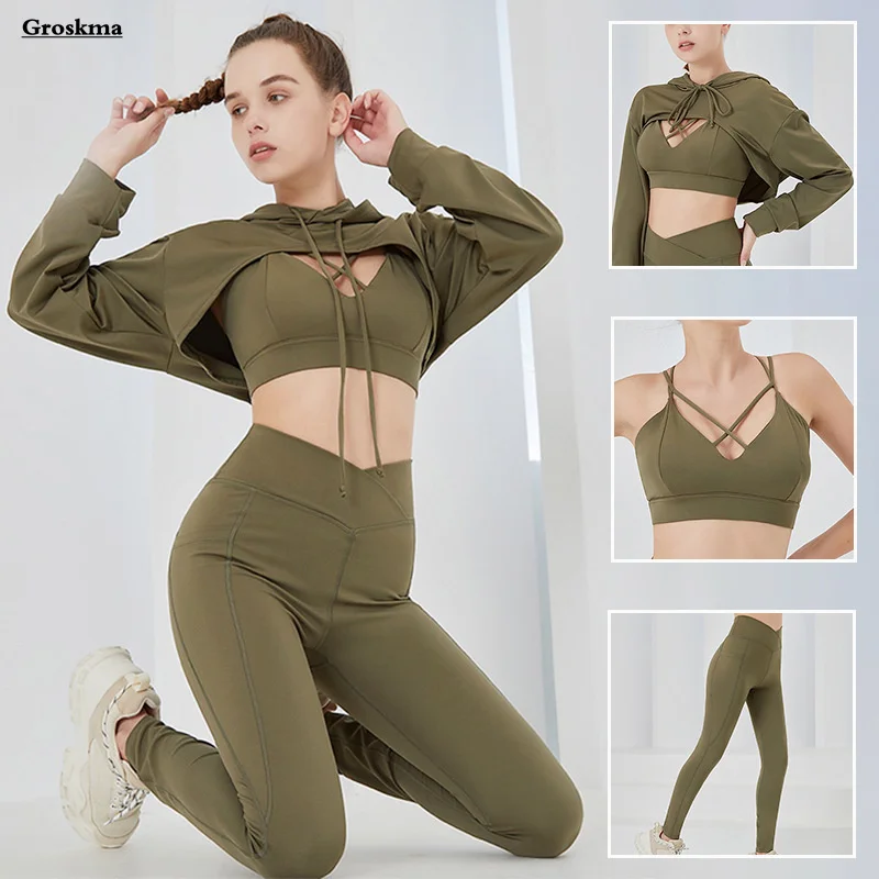 

Workout Running Sportswear Women 3 Piece Set Yoga Bra Fitness Gym Leggings Quick Dry Long Sleeve Crop Top Tracksuits Clothing