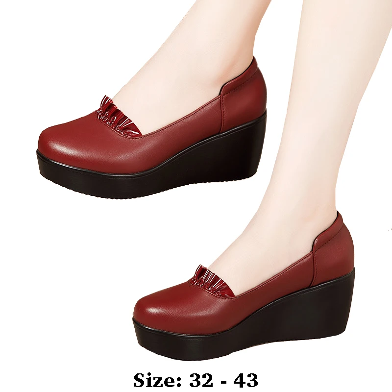 

high quality leather wedge shoe for women 6cm mid heel platform round toe 32 33 43 elegant and fashion shoe black white red