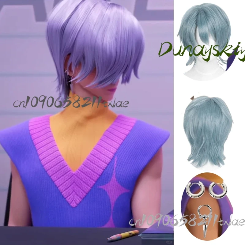 Huntrix KPop شيطان الصيادين ساجا بوي تأثيري سر الأرجواني الرمادي الباروكات الشباك إكسسوارات الشعر الاصطناعية الشعر القصير هالوين