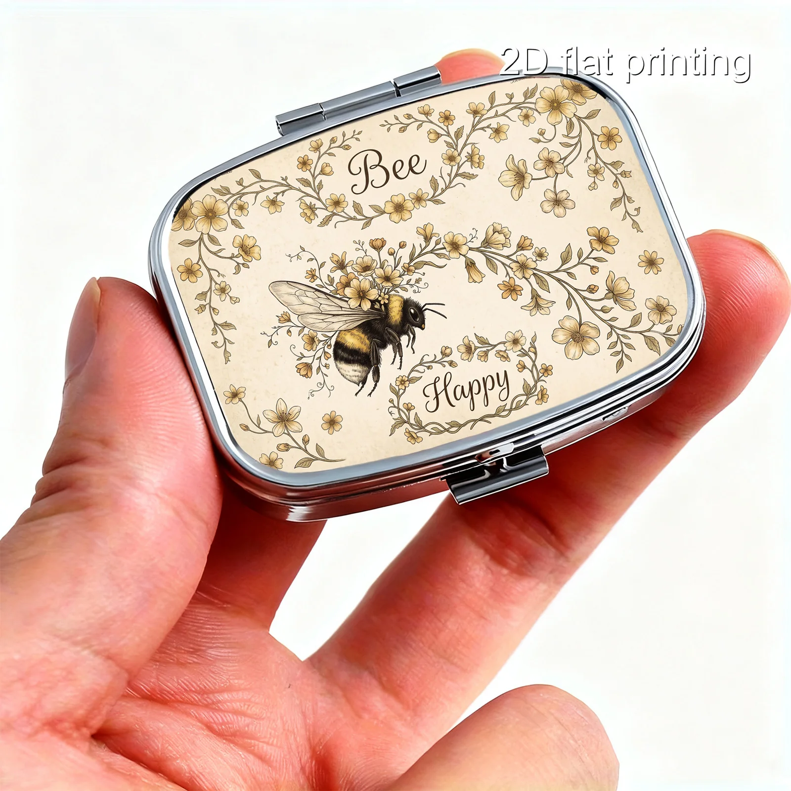 Flat Printing, Portable Mini Double-Compartment Pill Box, Simple Bee and Floral Retro Border Print, Travel Medicine Storage Box, Sealed and Moisture-Proof, Capsule Vitamin Storage Box, Portable Small Pill Box