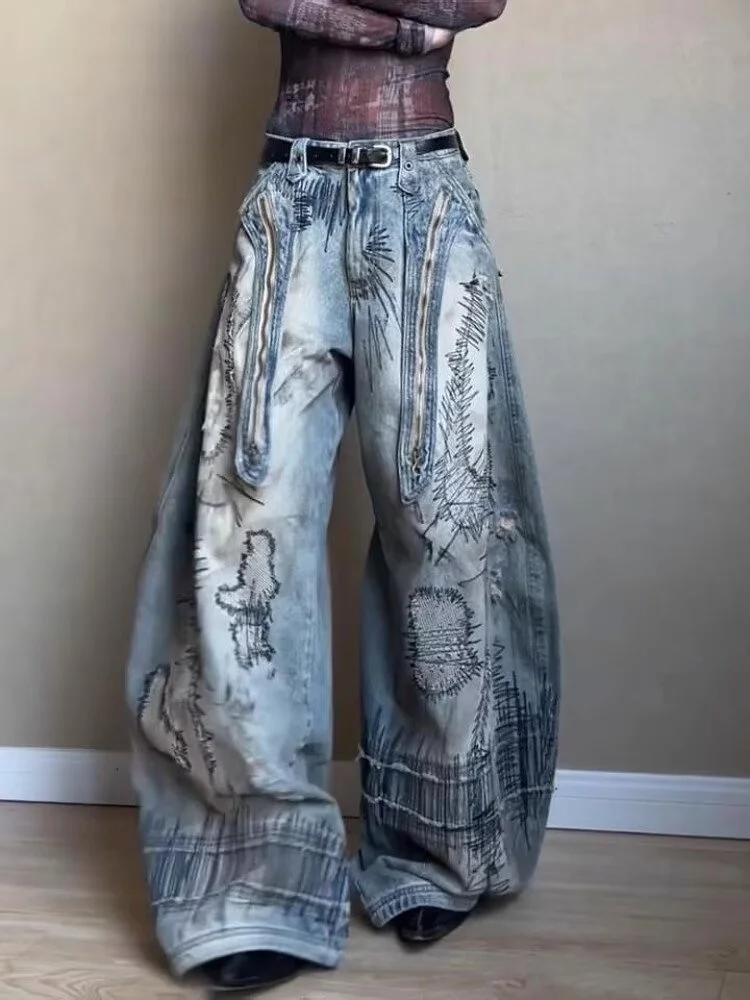Large Size American Street Retro Washed Distressed Curved Knife Jeans Wide Leg Denim Loose Sickle Pants Y2k Baggy Jeans Woman