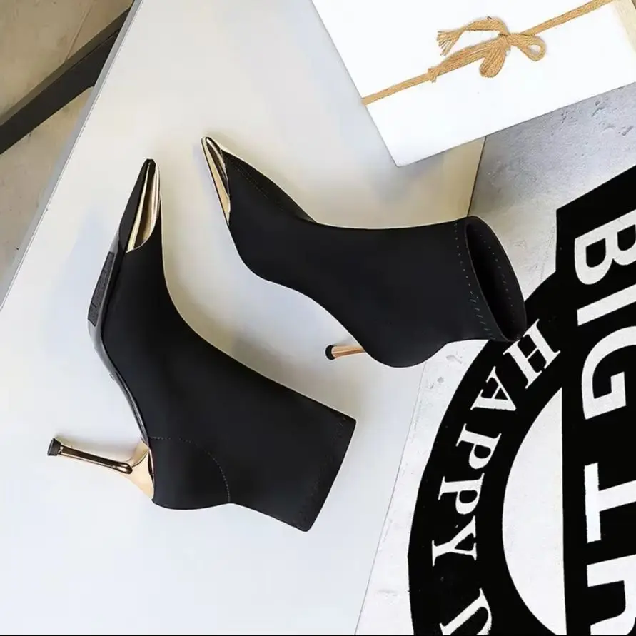 

BIGTREE/женская обувь на тонком каблуке 8 см, женские эластичные ботильоны, туфли без шнуровки с острым носком, модные женские полусапожки из флока