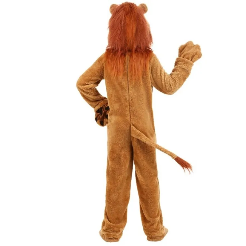 Disfraz de León marrón para adultos, mono de León para niños, disfraz de Animal para hombres, trajes de Cosplay de Halloween, conjunto de vestido