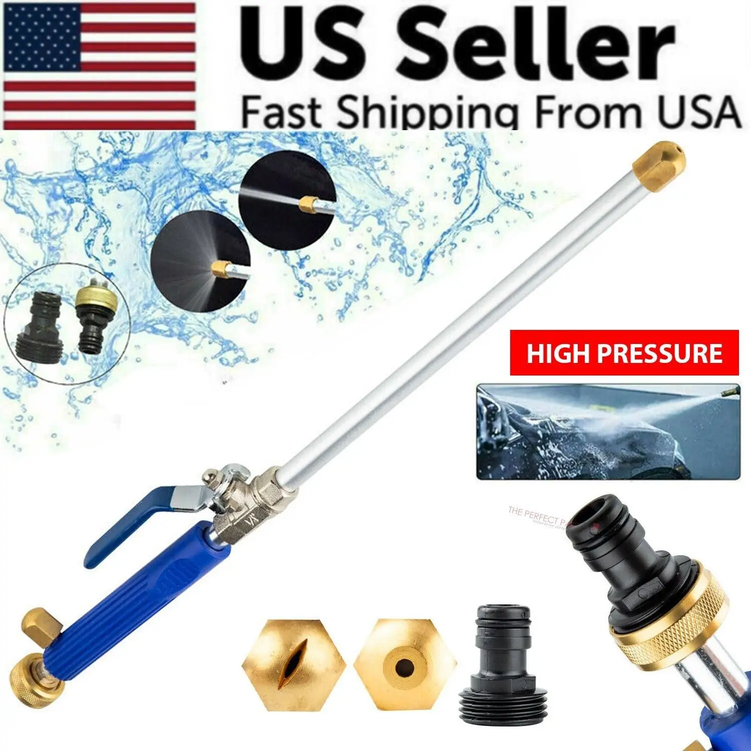 High Pressure Power Washer Spray Gun, 2 Brass Nozzles (Jet/Fan), Fits 3/4