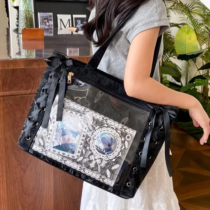 

New Y2K Ribbon Bow Japanese Ita Shoulder Bag Cute Girl Transparent Pocket Large Capacity Crossbody Tote Bag DIY Display Handbags