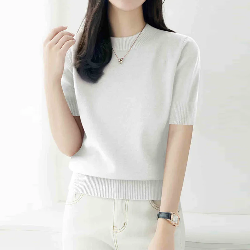 

Вязаный свитер, женские пуловеры, новый белый вязаный свитер с коротким рукавом и круглым вырезом, пуловер, женские топы, свитера Sueters De Mujer Q1272