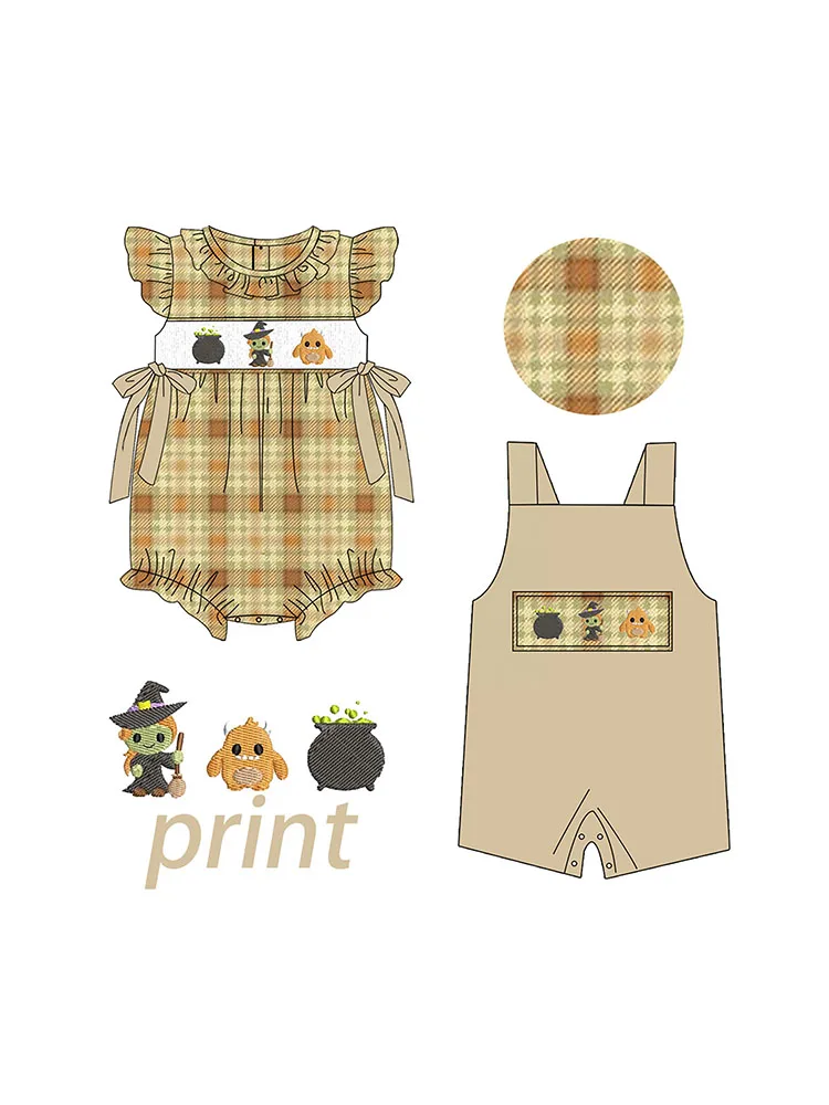 Toddler Baby Halloween Witch Monster Cauldron Set Baby Romper Plaid Ruffle Bow Sleeveless Overalls Kids Fall Outfit 2