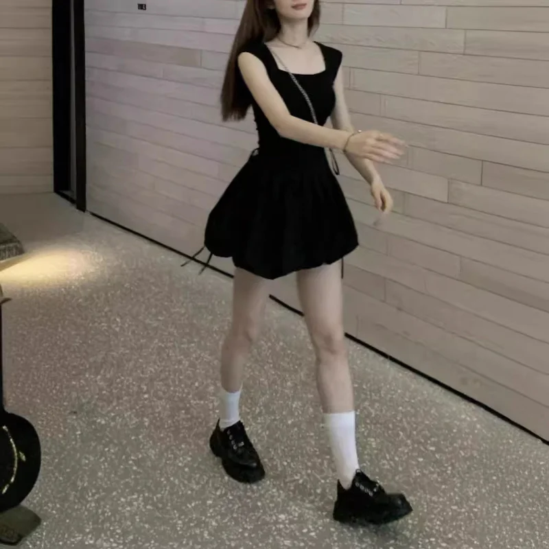 الباليه نمط ساحة الرقبة الرباط التعادل نفخة فستان صيف جديد فتاة حلوة الخصر مقصوص سترة فستان قصير