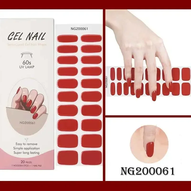 16/20Tips Semi-Cured Nail Wraps Simple Color Adhesive Waterproof Long Lasting Gel Nails Stickers set for UV Lamp Need Manicure