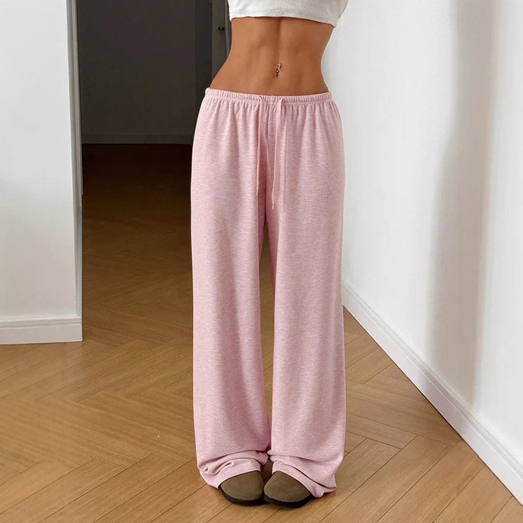 Exploding European and American women's clothing solid color trousers elastic waist lace-up wide-leg casual pants