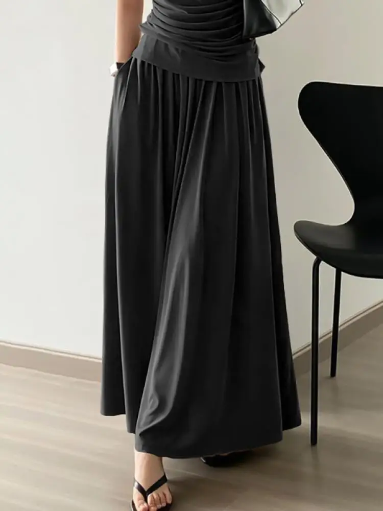 Yeezzi Women Fashion Solid Color High Waisted Ankle Length Pleated Skirts 2024 New Spring Summer Loose Casual A-Line Skirt