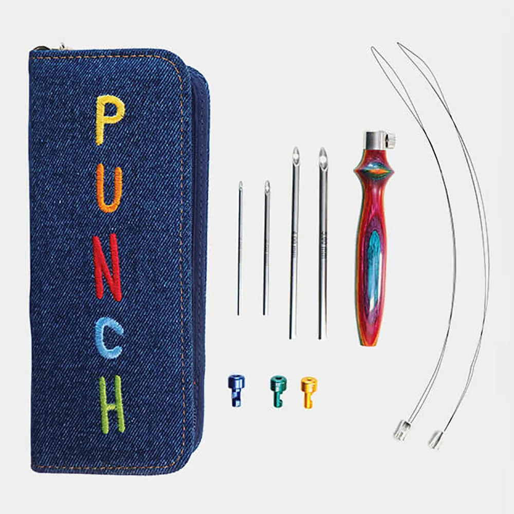 Knit Pro Vibrant Punch Needle Set, 1 manico in legno e 4 aghi, confezionato in custodia blu Denim per punzonatura artigianato fai da te con filati