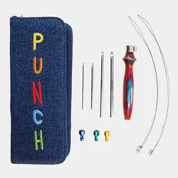 Knit Pro Vibrant Punch Needle Set, 1 manico in legno e 4 aghi, confezionato in custodia blu Denim per punzonatura artigianato fai da te con filati