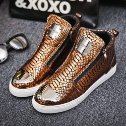 Zapatillas altas con cremallera para hombre, zapatos de cuero de cocodrilo a la moda, zapatillas informales doradas de lujo, zapatos de Hip Hop Rock