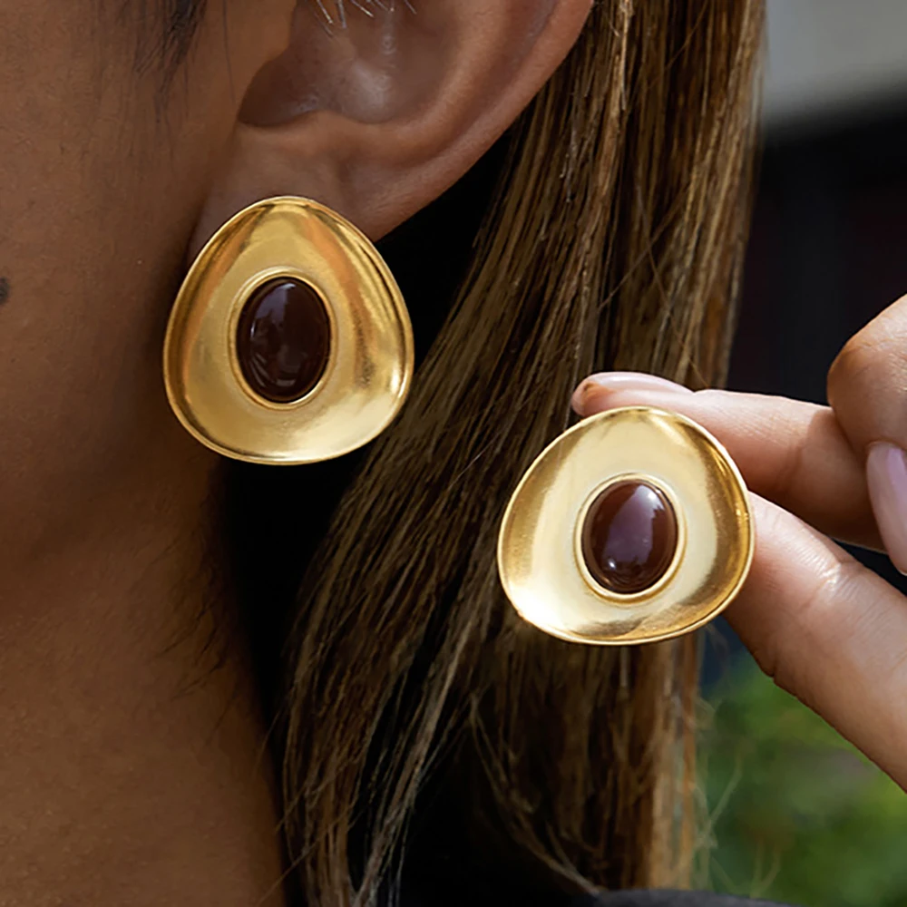 

YHTOT Vintage 18K Gold Color Plated Stainless Steel Red Resin Geometric Concave Surface Ear Studs Hunter Statement Studs сер