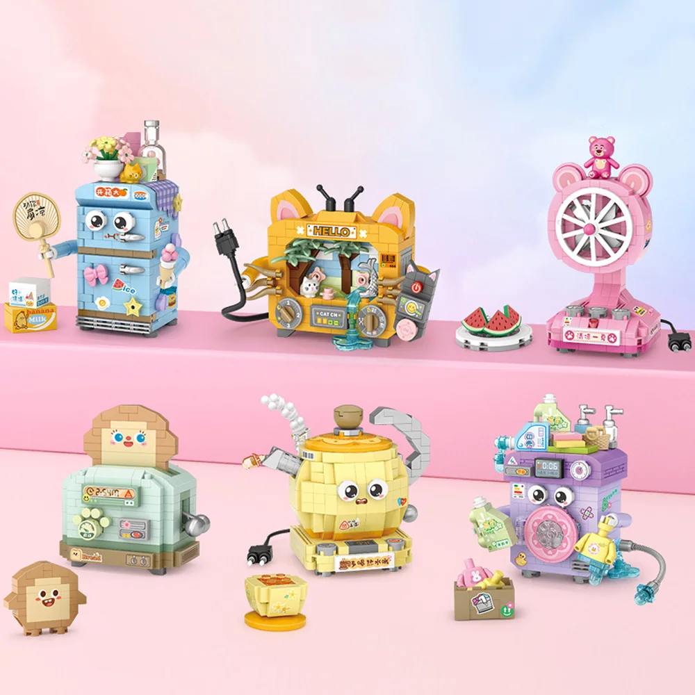 Cartoon Appliances Micro Diamond Block Refrigerator Television Fan Toaster Kettle Washing Machine Model Brick Toys NanoBricks