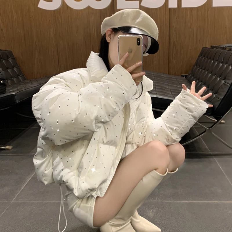 

Пуховая хлопковая куртка женская Design Sense Лоскутное звездное небо Hot Diamond Свободное модное зимнее новое пальто с капюшоном Модные куртки