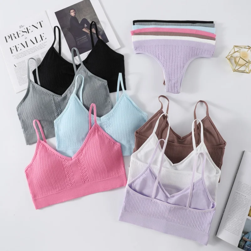 Women Bra Low Waist Shorts Set Seamless Sports Bras Nonwire Bralette Sexy Lingerie Set Female Comfort Ribbed Underwear Set