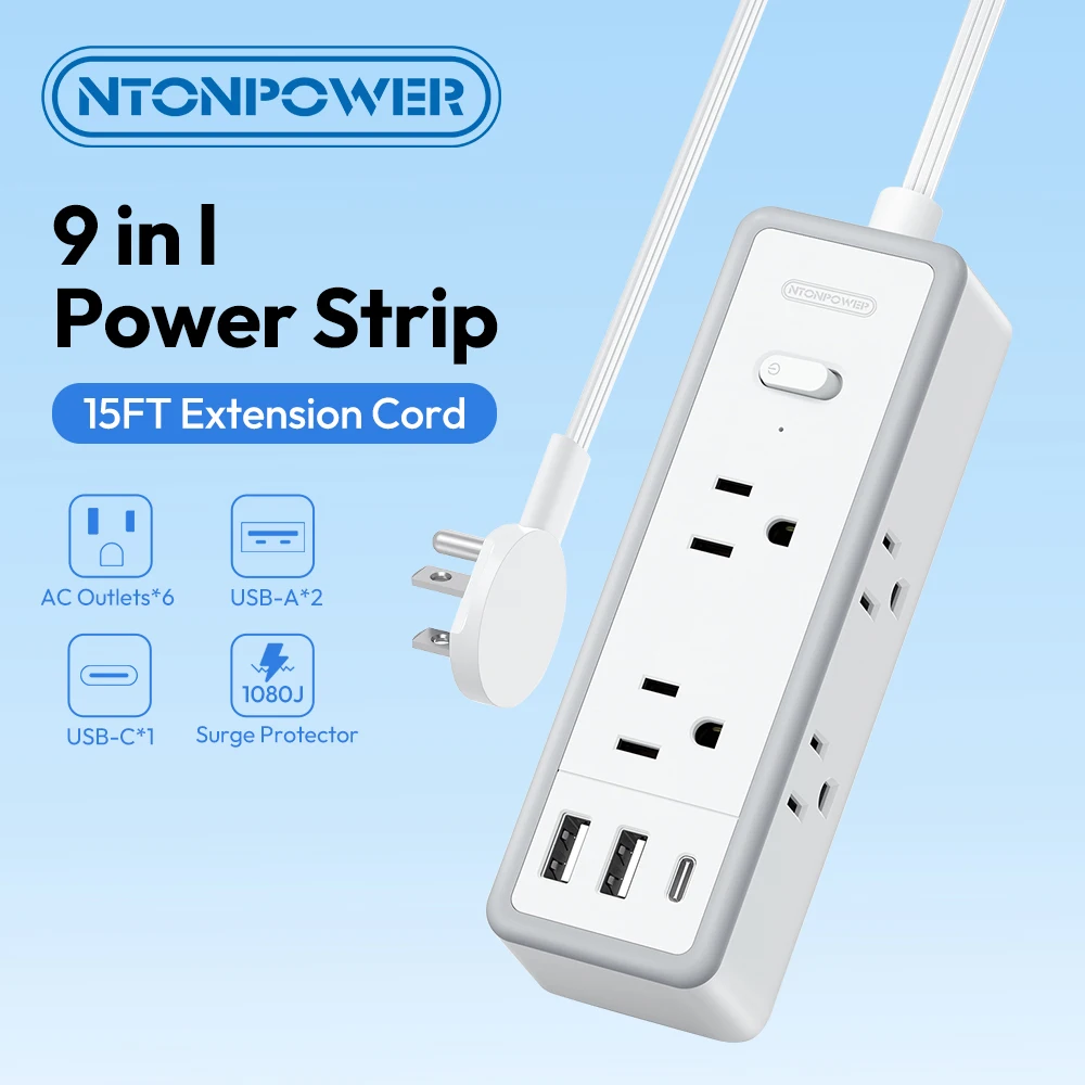 

6-Outlet Power Strip with 2 USB-A & 2 USB-C Ports 25FT Extension Power Cord Travel Adapter Multi-Adapter Network Filter US Plug
