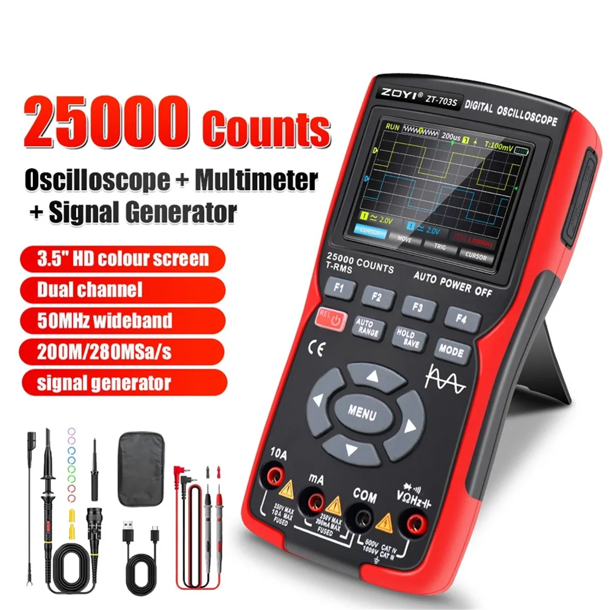 ZT703S 3in1 Digital Oscilloscope Multimeter 50MHz 280MS Rate PC Waveform Data Storage Dual Oscilloscope Generator A