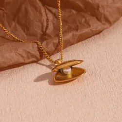 Chic Fashion Cast Pearl Mussel Shells Pendant Necklace Gift Stainless Steel Exquisite Chain Gold Color Premium Jewelry Bijoux