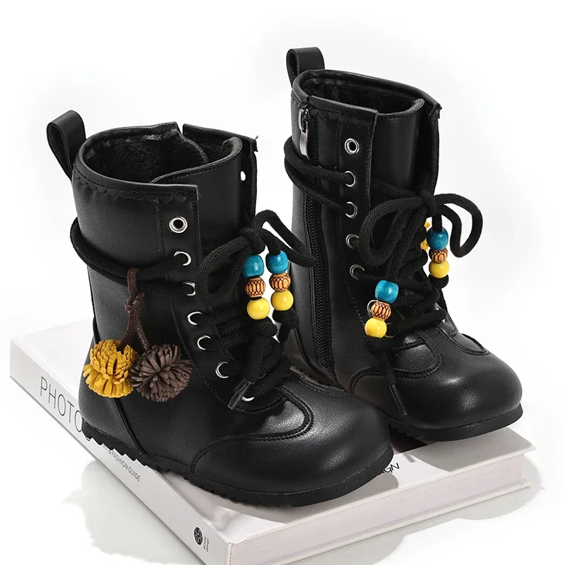 Winter Girls Mid-calf Boots New Hairball Versatile Kids Causal Leather Boots Fashion Black Children Plush Boots Non-slip Soft
