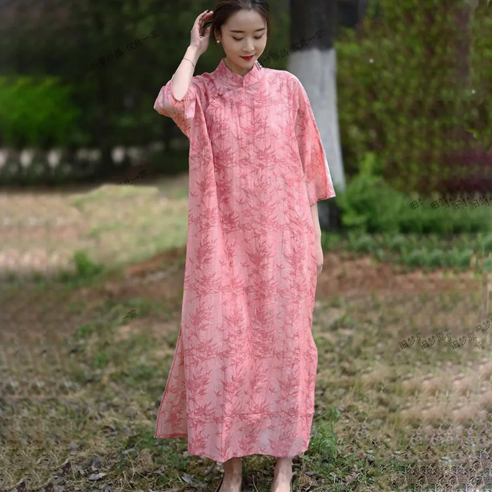 

Bamboo Leaf Jacquard Fried Color Mid-Sleeve Cheongsam Womens Light Chinese-Style Retro Frog Button Dress Retro Tunic Clothing