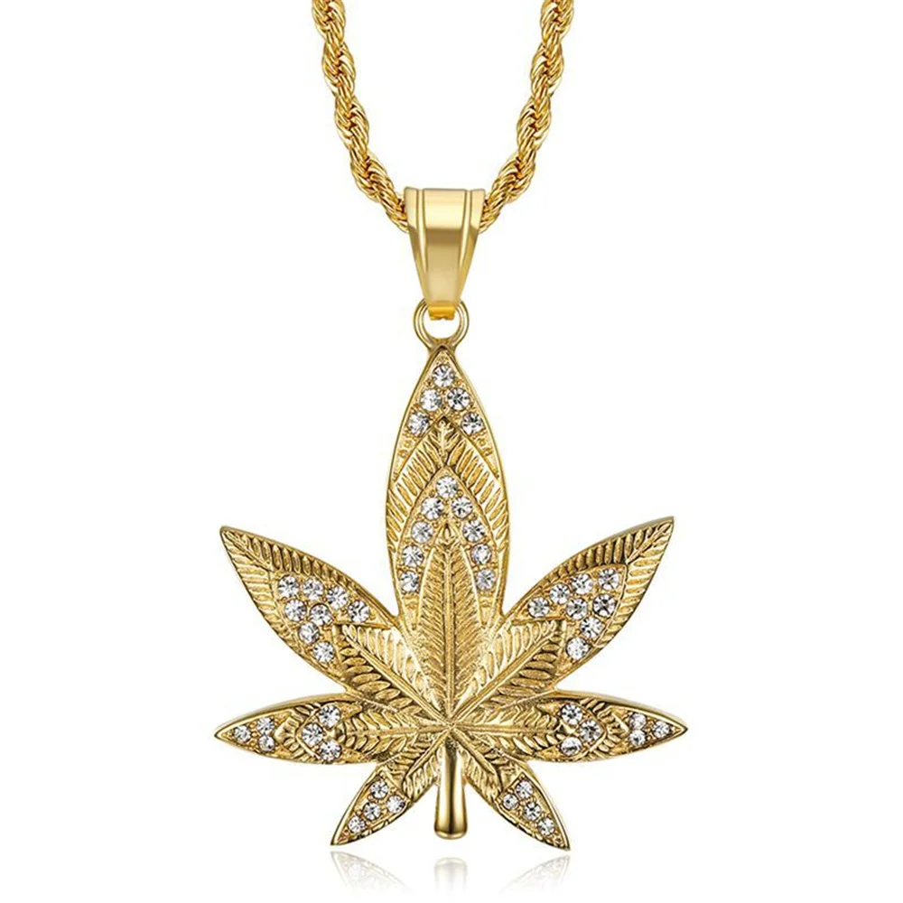 

Hip Hop Iced Out Bling Hemp Leaf Necklaces Male Gold Color Stainless Steel Pendant & Chains For Men Jewelry Dropshipping