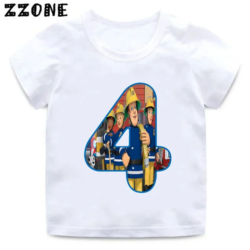 Fireman Sam Firefighter Print Cartoon Boys Clothes 1 2 3 4 5 6 7 8 9 Years Birthday Number Kids T shirt Cute Baby Girls T-Shirts