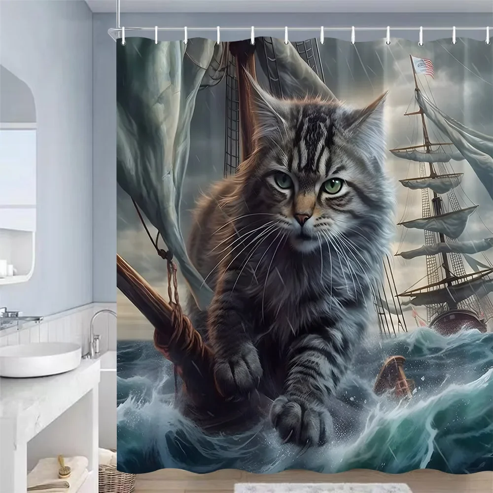 Funny Cat Shower Curtains Cute Animal Nautical Sailing Sea Waves Landscape Bath Curtain Polyester Fabric Bathroom Decor Hooks