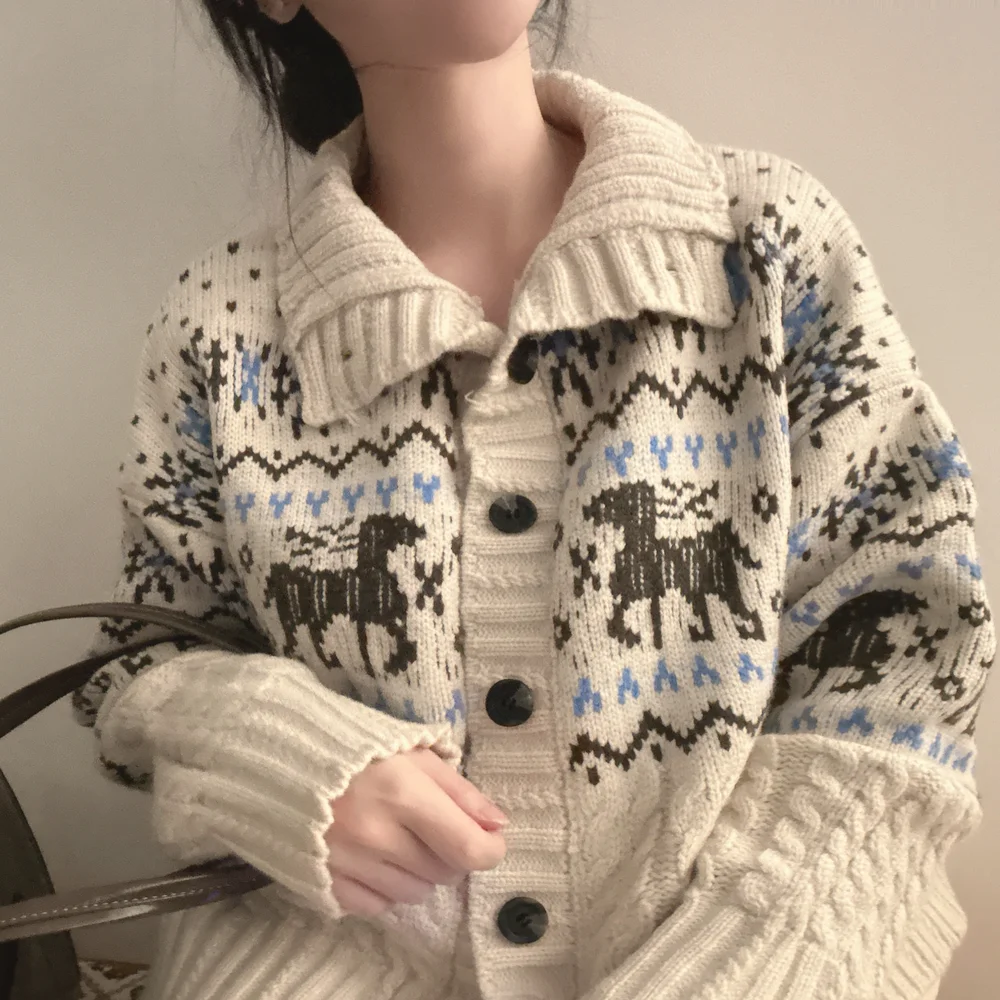 Women Korean Retro Gentle Style Christmas Elk Jacquard Knitted Cardigan Autumn Winter Stand Collar Casual All-match Sweater Coat